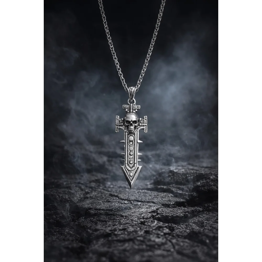 925 Ayar Gümüş Kara Hüküm Kafatası Kılıç Kolye