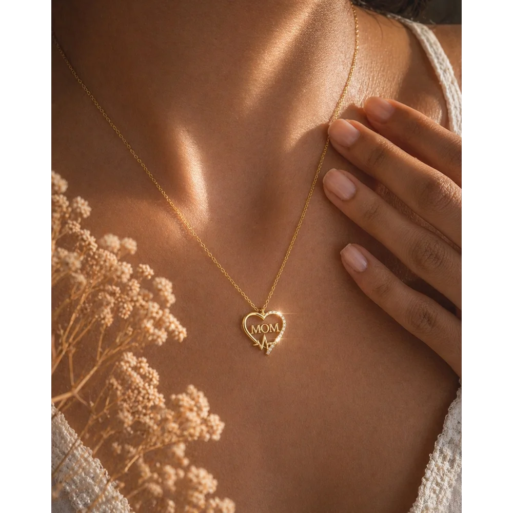 925 Ayar Gümüş  MOM Yazılı Kalpli Anne Kolye