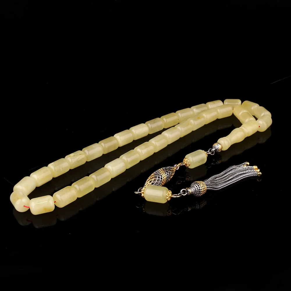 925 Ayar Çift Renk Gümüş Püsküllü Kapsül Kesim Damla Kehribar Tesbih