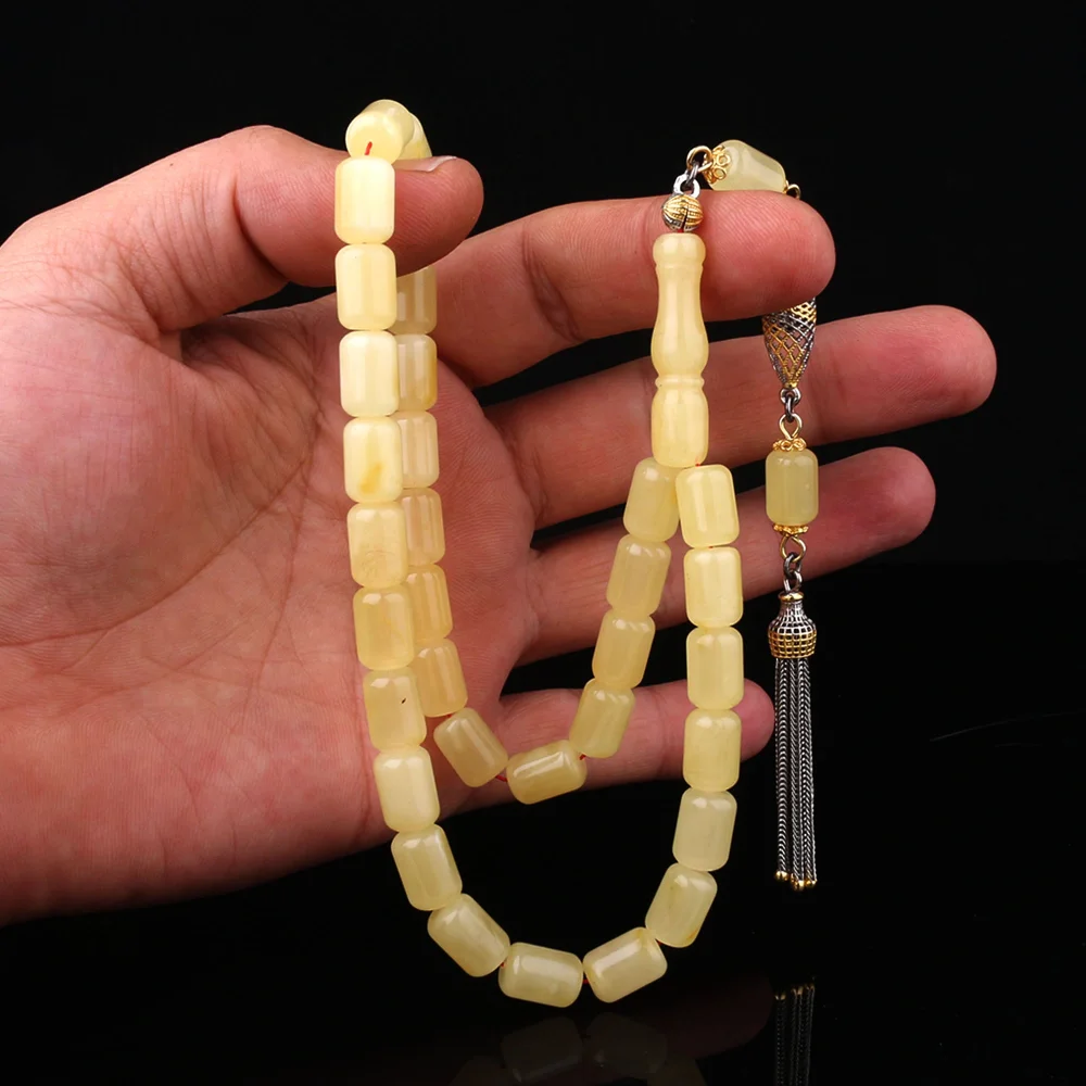 925 Ayar Çift Renk Gümüş Püsküllü Kapsül Kesim Damla Kehribar Tesbih