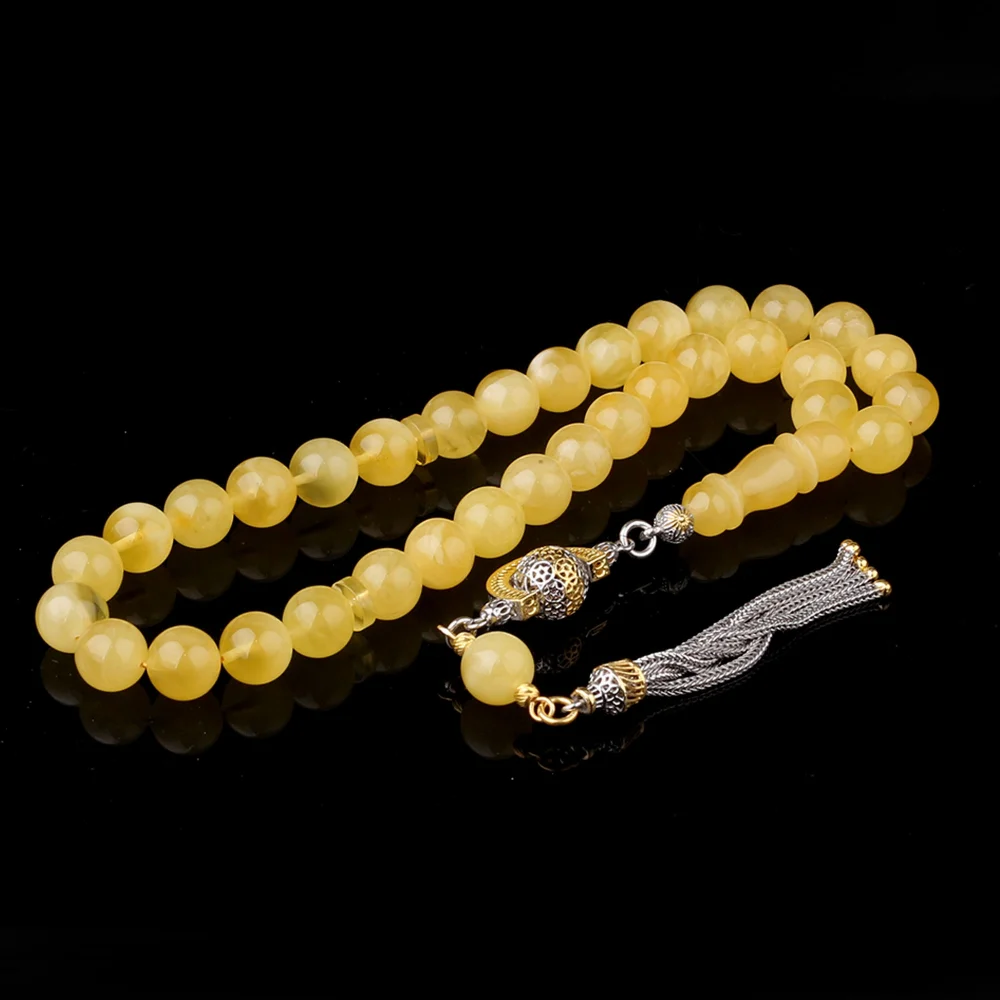 925 Ayar Gümüş Çift Renk Püsküllü Damla Kehribar Tesbih