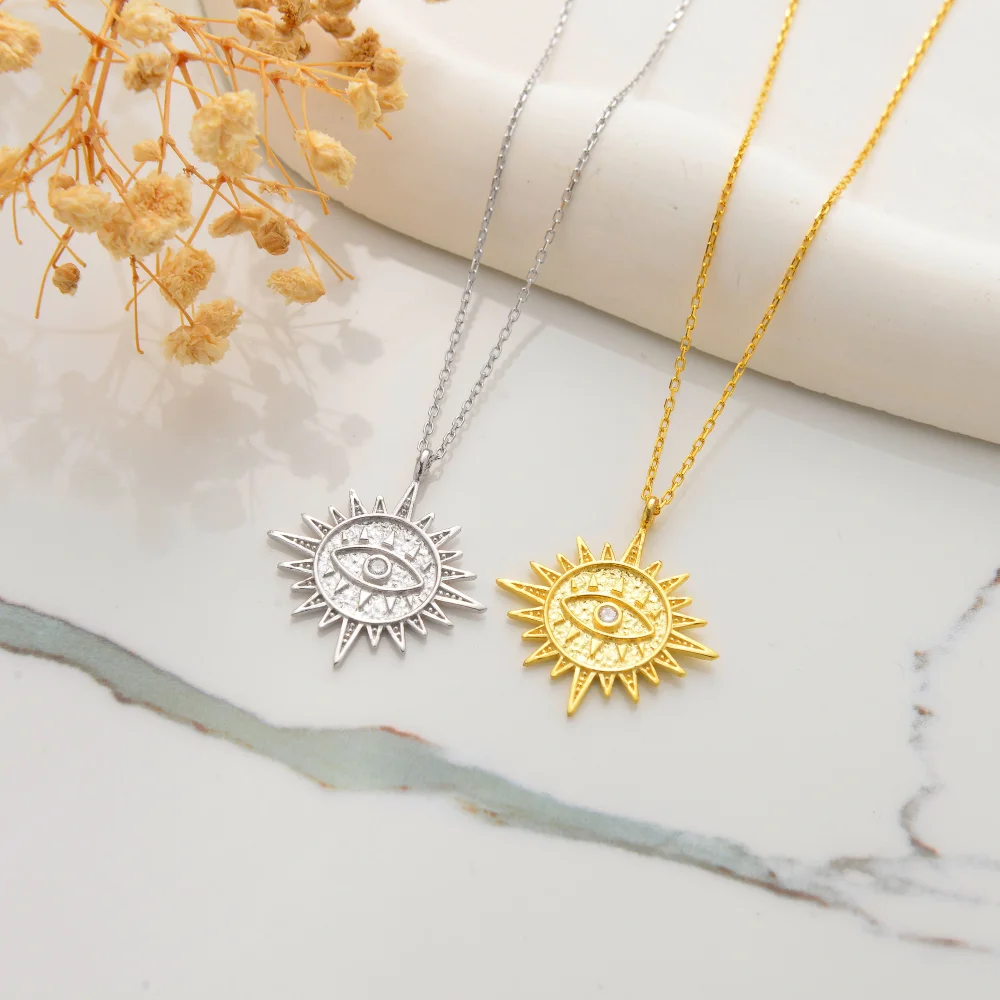 925 Ayar Gümüş Güneş ve Nazar Gözü Figürlü Kolye