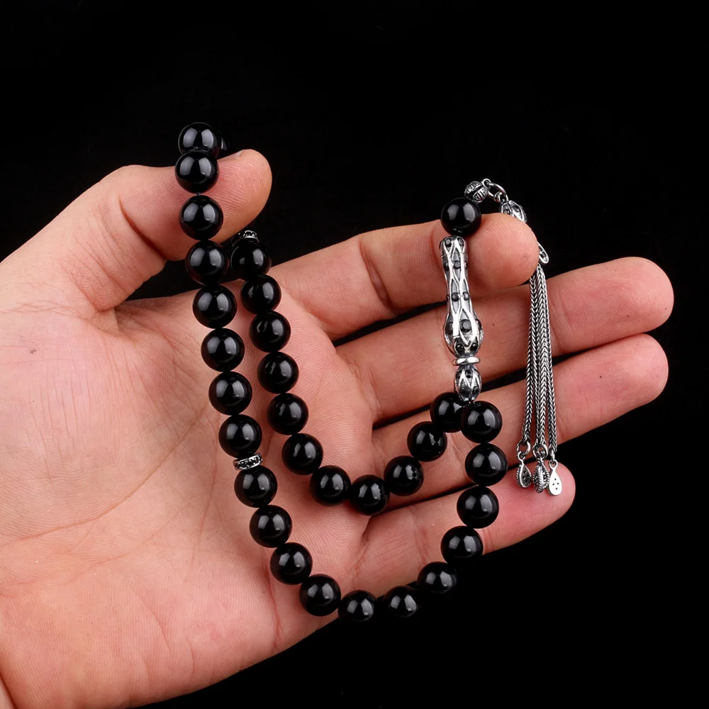 925 Ayar Gümüş Küre Kesim Siyah Zirkon Taşlı Ateş Kehribar Tesbih