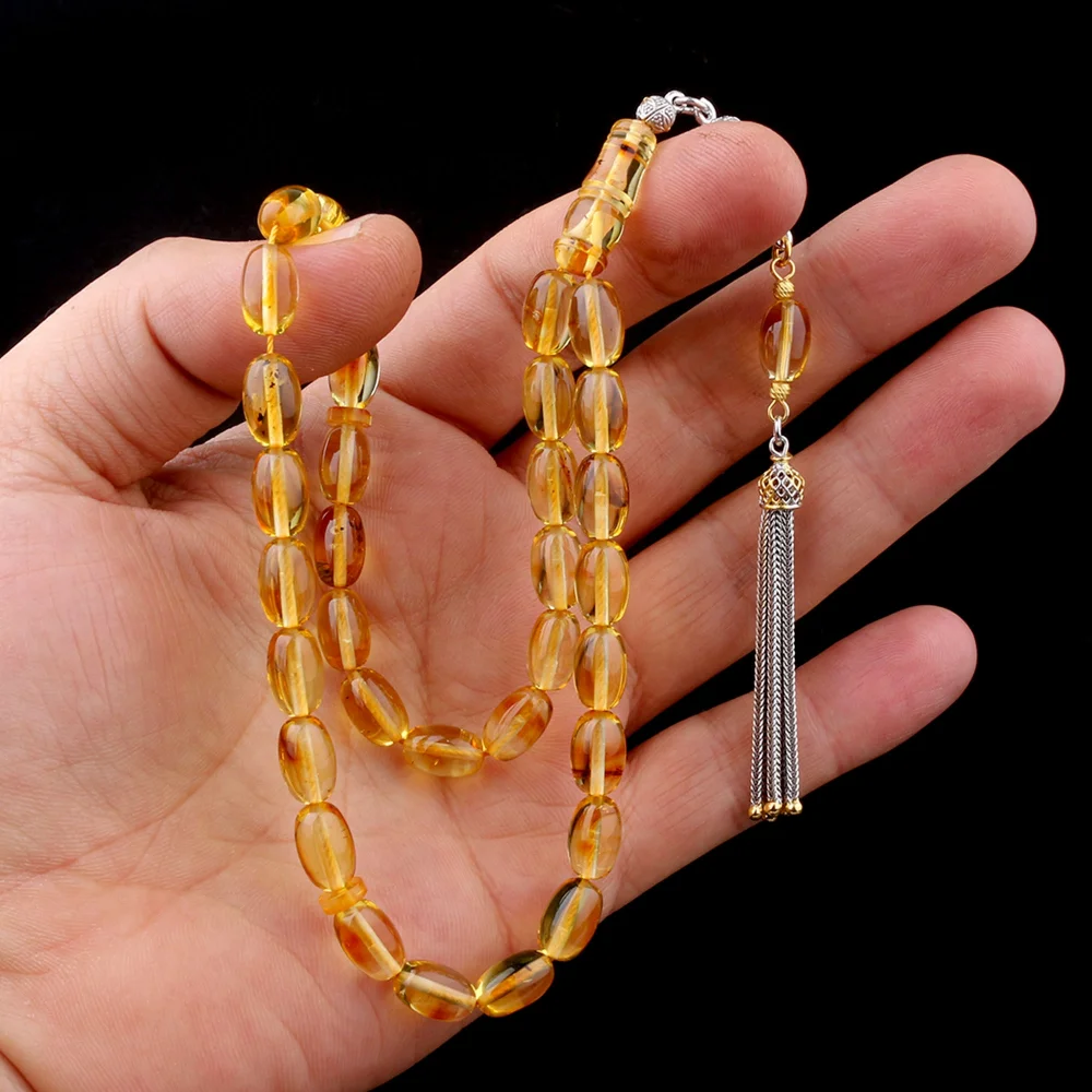 925 Ayar Gümüş Püsküllü Arpa Kesim Damla Kehribar Tesbih