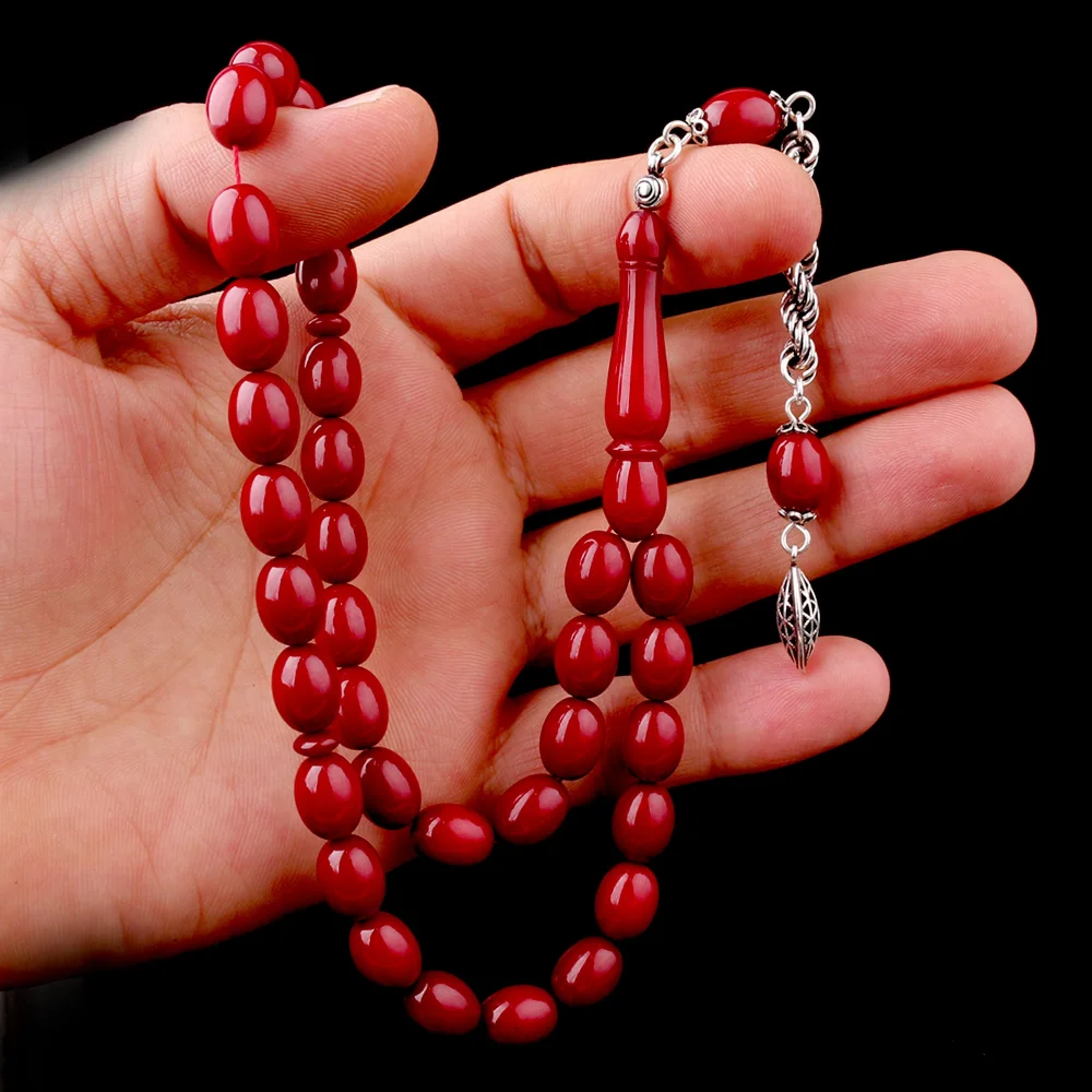 925 Ayar Gümüş Püsküllü Bordo Renk Ateş Kehribar Tesbih