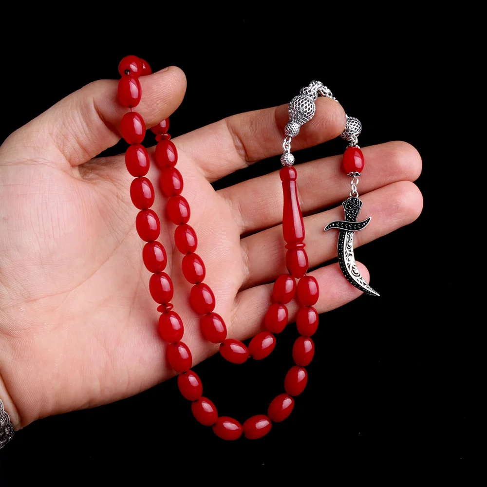 925 Ayar Gümüş Püsküllü Hz Ali Model Bordo Renk Ateş Kehribar Tesbih