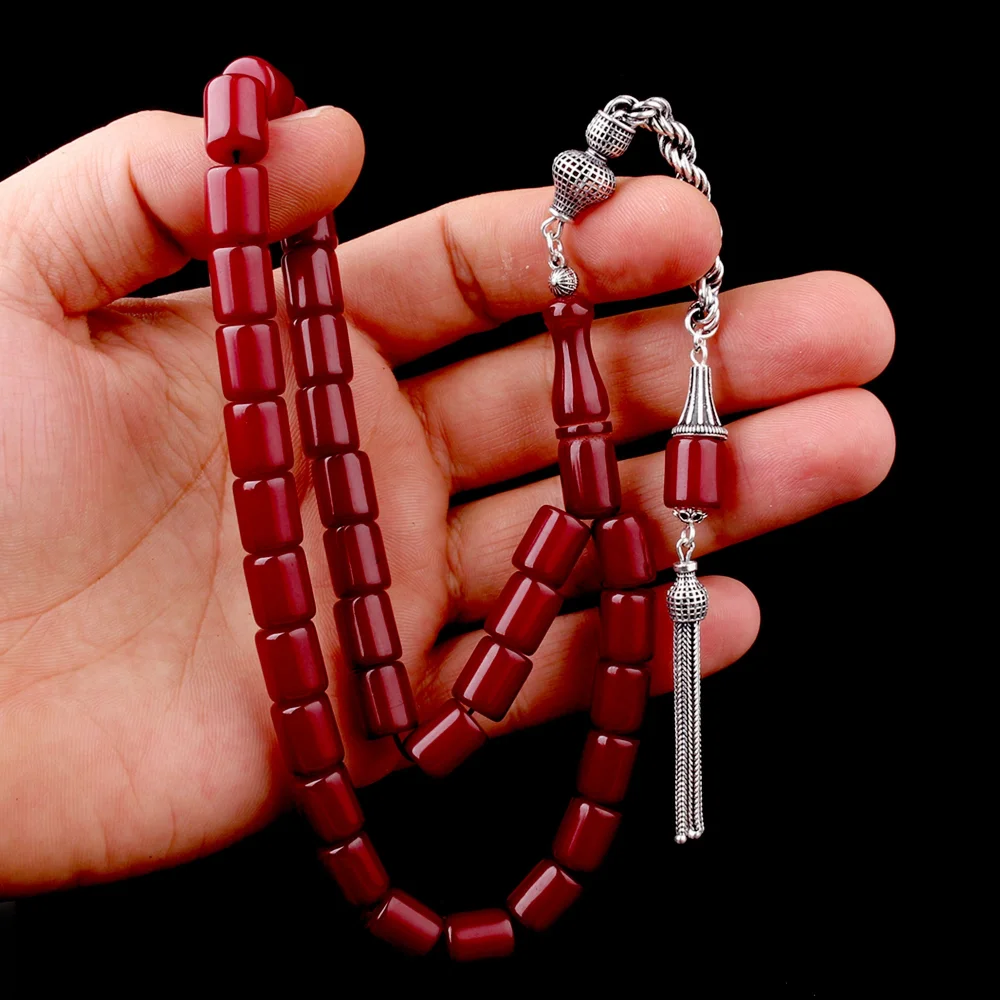 925 Ayar Gümüş Püsküllü  Kesme Model Bordo Renk Ateş Kehribar Tesbih