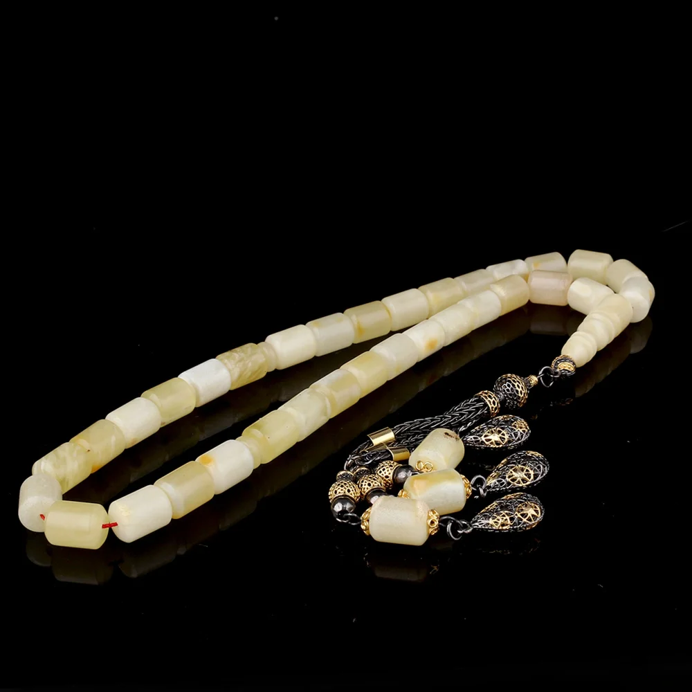 925 Ayar Gümüş Püsküllü Kesme Model Damla Kehribar Tesbih