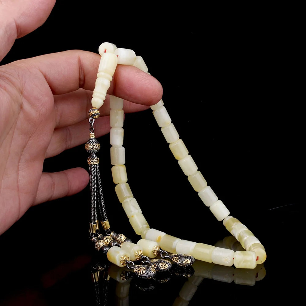 925 Ayar Gümüş Püsküllü Kesme Model Damla Kehribar Tesbih