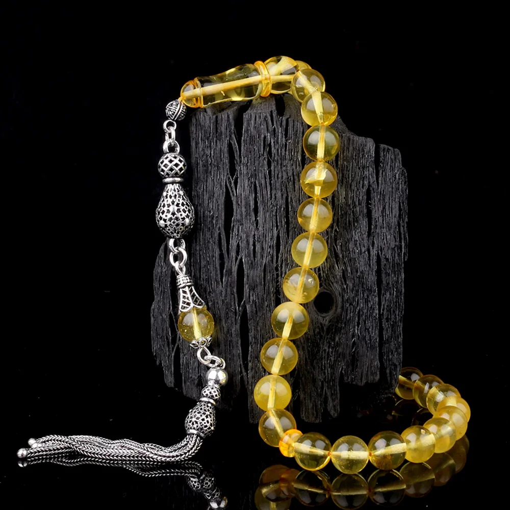 925 Ayar Gümüş Püsküllü Küre Kesim Damla Kehribar Tesbih