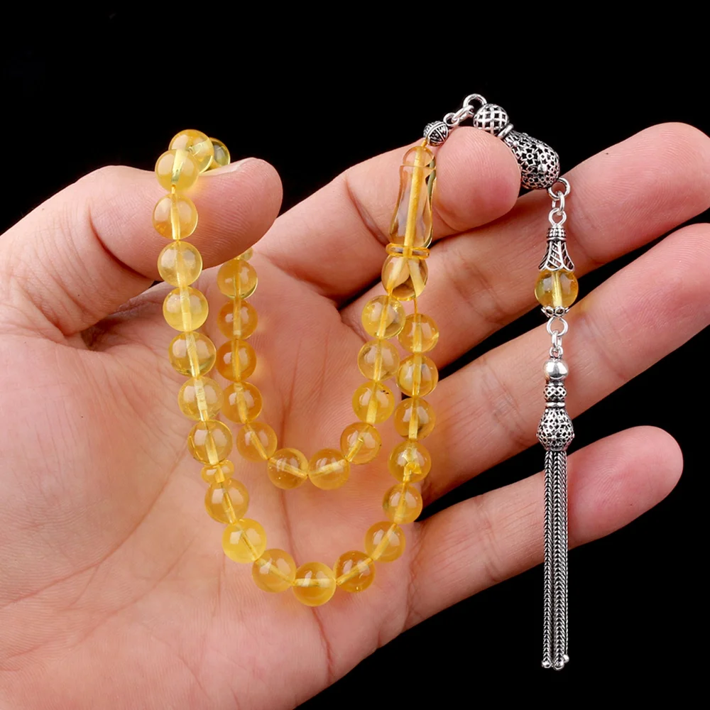 925 Ayar Gümüş Püsküllü Küre Kesim Damla Kehribar Tesbih