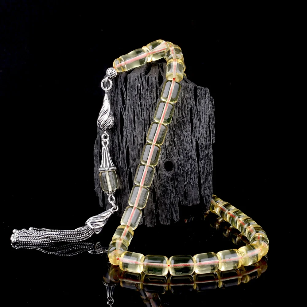 925 Ayar Gümüş Püsküllü Şeffaf Renk Damla Kehribar Tesbih