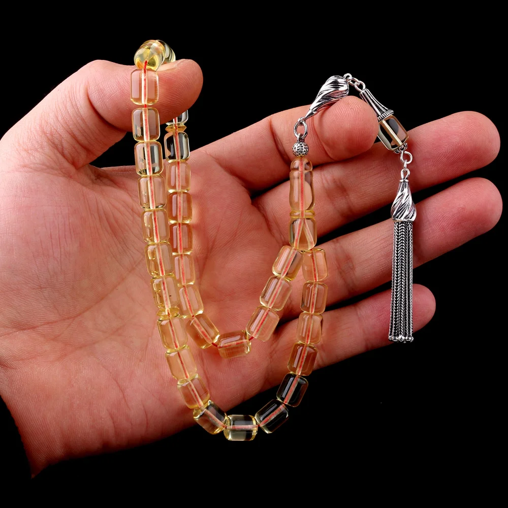 925 Ayar Gümüş Püsküllü Şeffaf Renk Damla Kehribar Tesbih