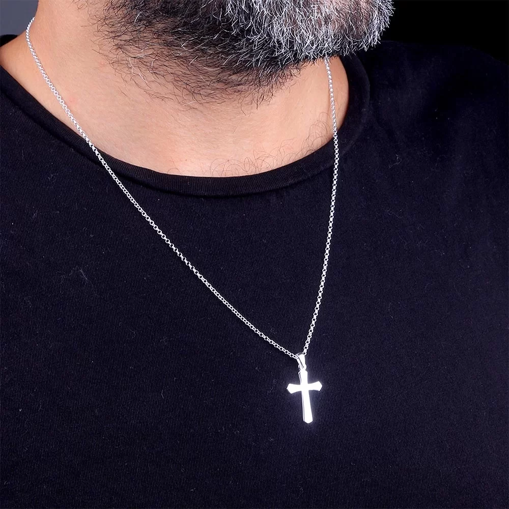 925 Ayar Gümüş Sade Haç Sembollü Erkek Kolye