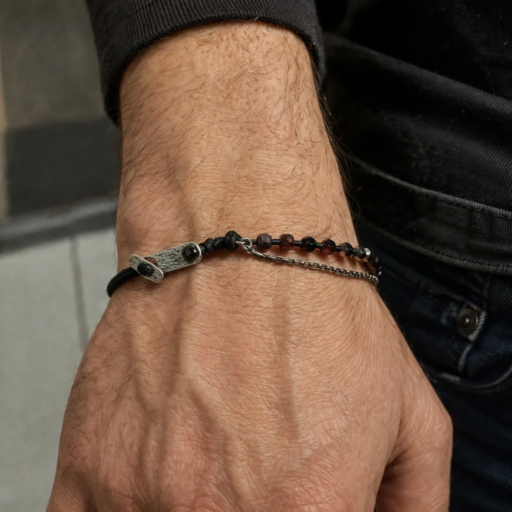 925 Ayar Gümüş Tasarım Garnet Taşlı Makrome Erkek Bileklik