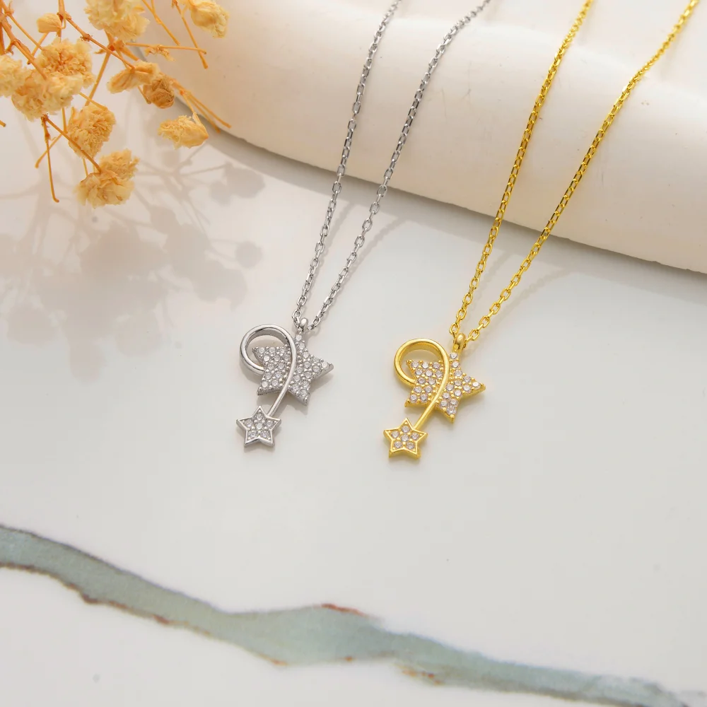 925 Ayar Gümüş Taşlı Çift Yıldızlı Kolye