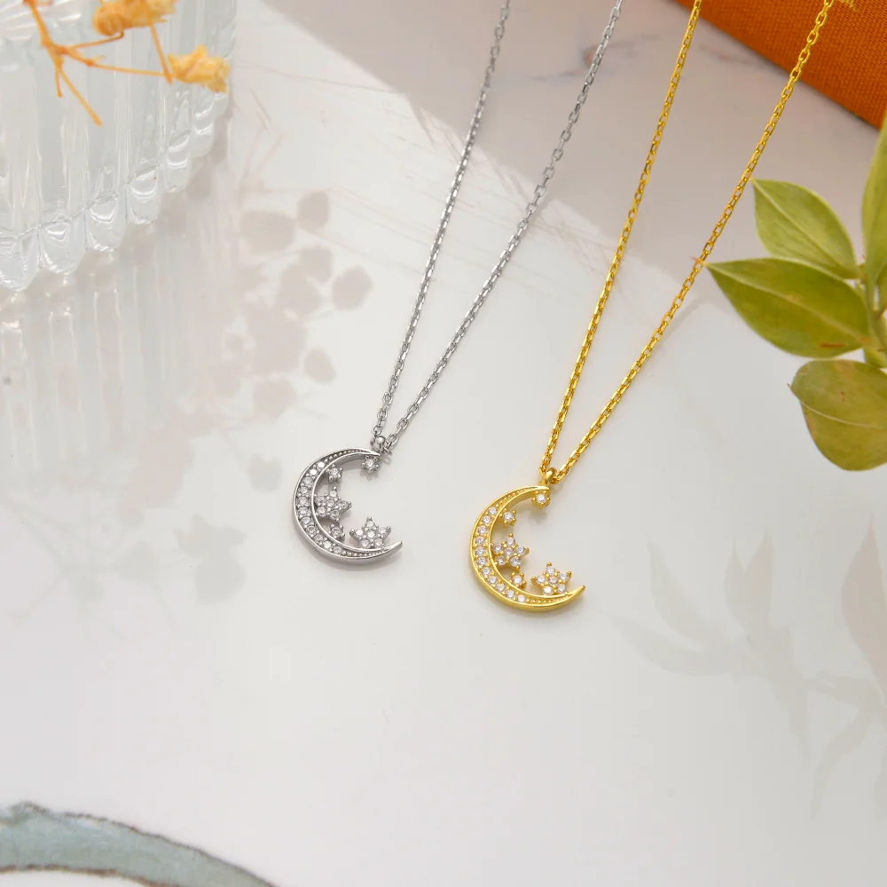 925 Ayar Gümüş Taşlı Hilal ve Yıldız Kolye