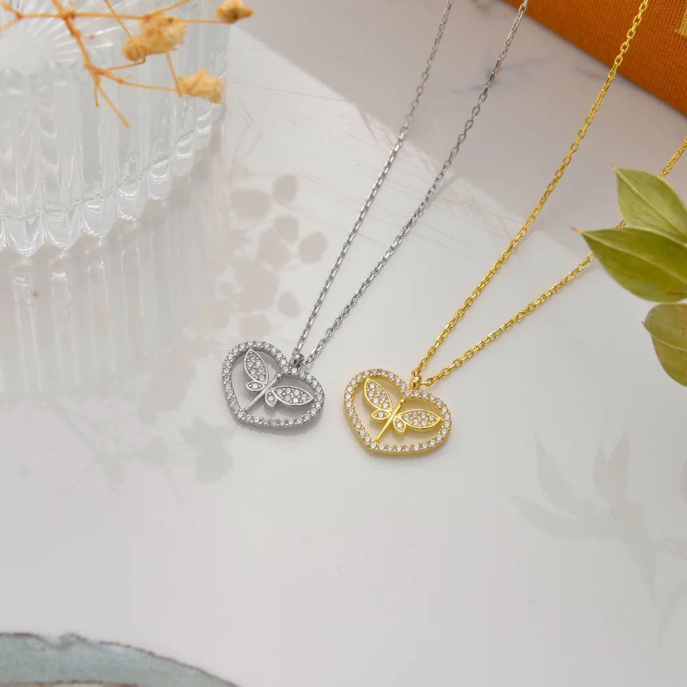 925 Ayar Gümüş Taşlı Kalp İçinde Yusufçuk Kolye