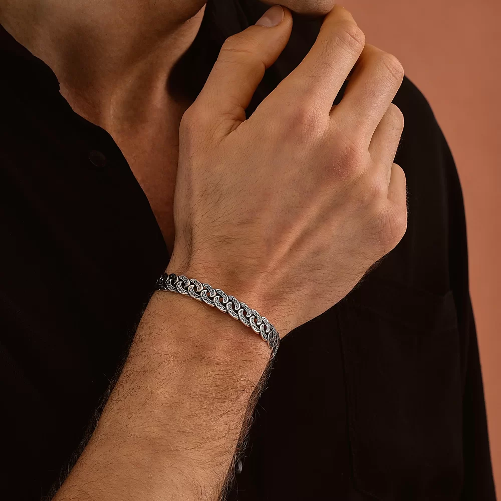 925 Ayar Gümüş Zincir Motifli Kelepçe Bileklik - Silver