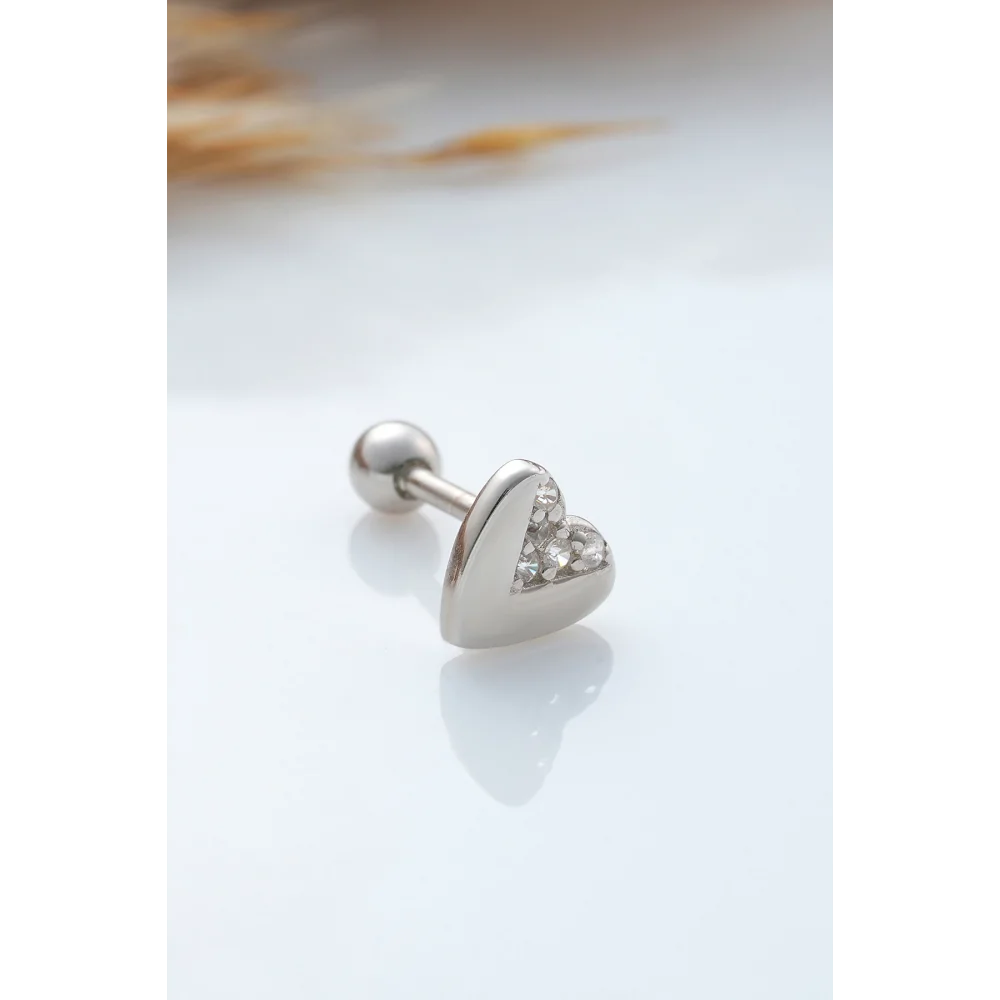 925 Ayar Kalp Motifli Taşlı Minimal Tragus Piercing