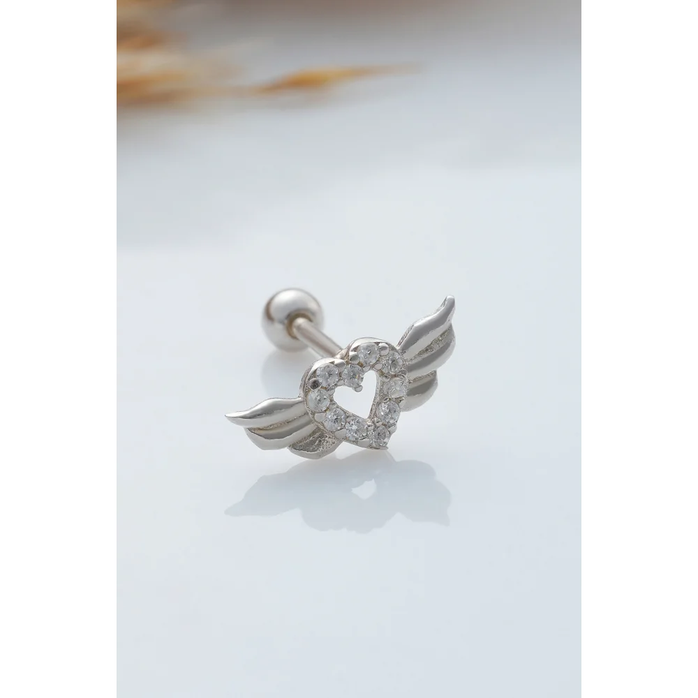925 Ayar Kanatlı Kalp Motiflli Taşlı Minimal Tragus Piercing