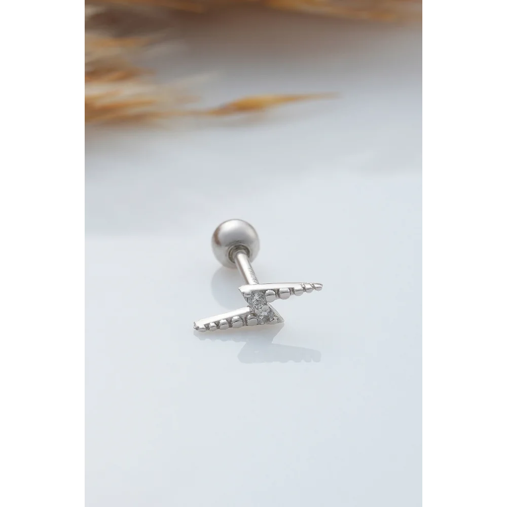 925 Ayar Şimşek Motifli Taşlı Minimal Tragus Piercing