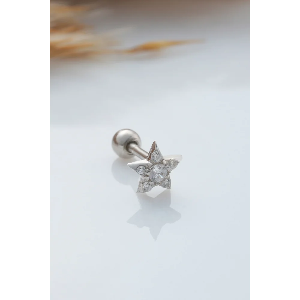 925 Ayar Yıldız Motifli Taşlı Minimal Tragus Piercing