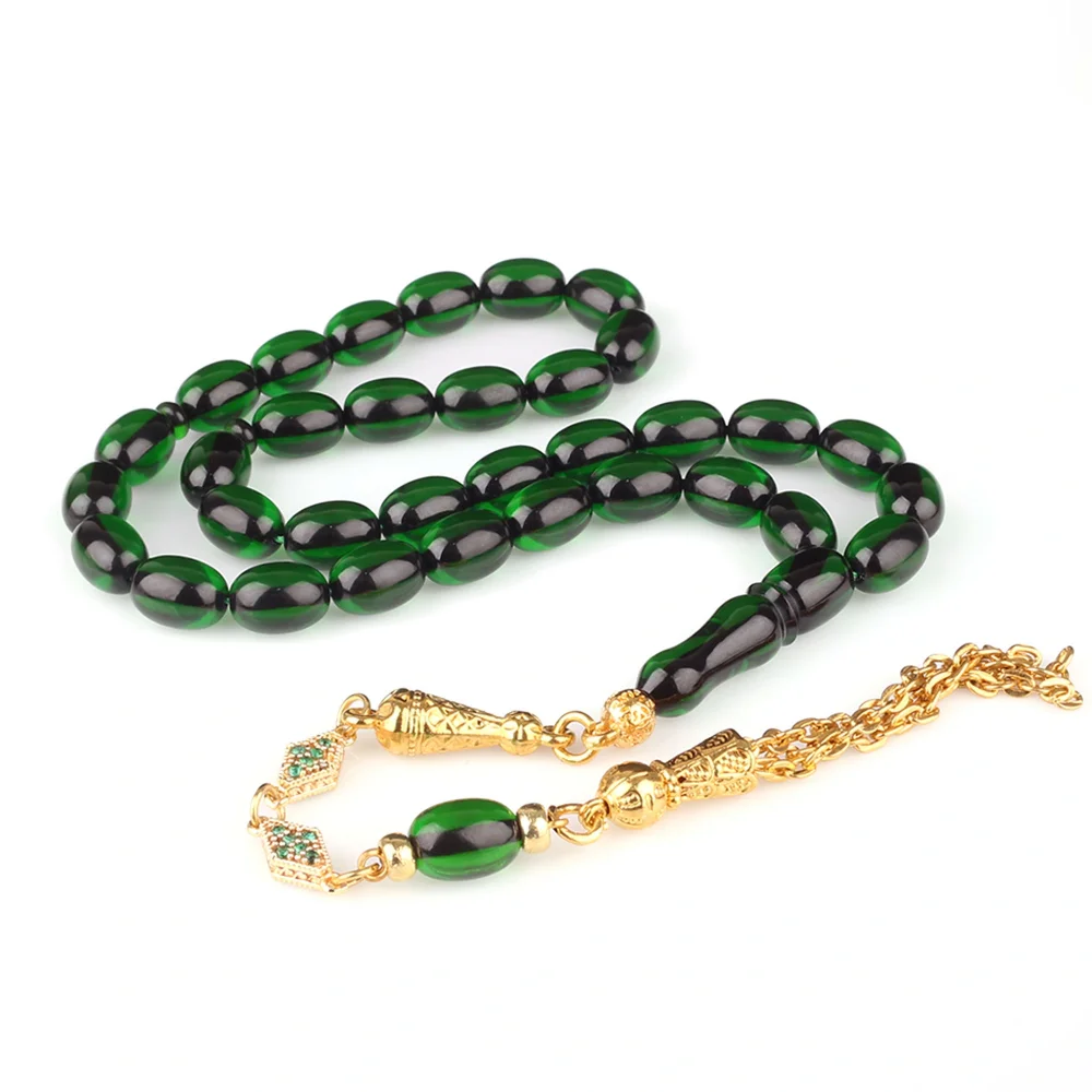 Bafon Püsküllü Yeşil Renk Sıkma Kehribar Tesbih