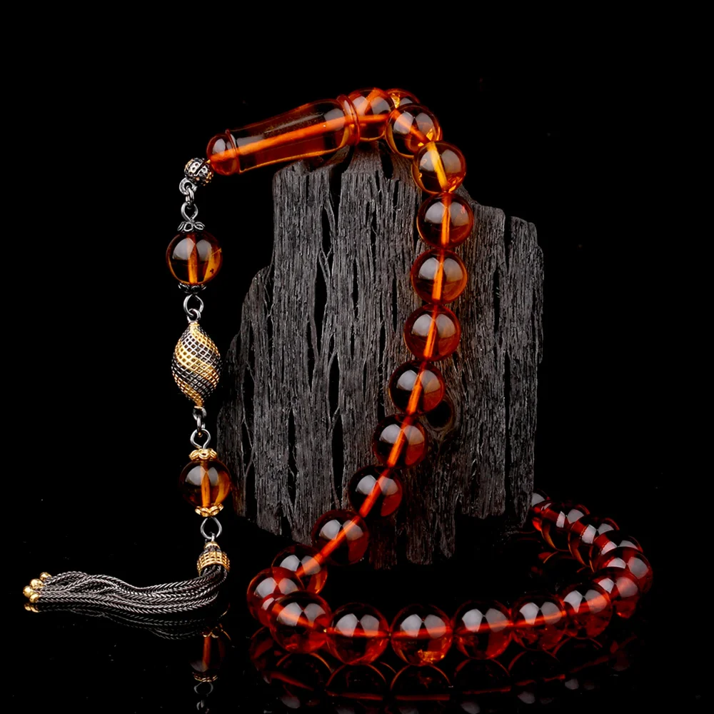 Çift Renk 925 Ayar Gümüş Püsküllü Çay Renk Damla Kehribar Tesbih