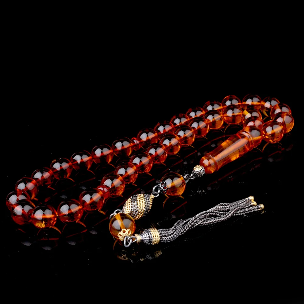 Çift Renk 925 Ayar Gümüş Püsküllü Çay Renk Damla Kehribar Tesbih