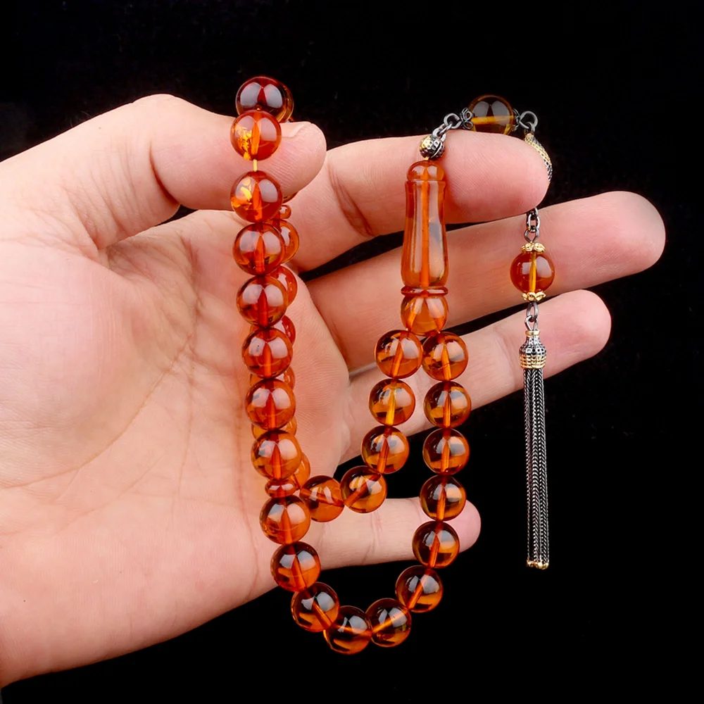 Çift Renk 925 Ayar Gümüş Püsküllü Çay Renk Damla Kehribar Tesbih