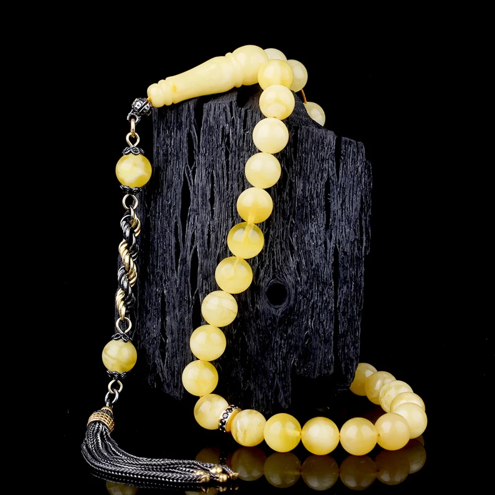 Çift Renk 925 Ayar Gümüş Püsküllü Küre Kesim Damla Kehribar Tesbih