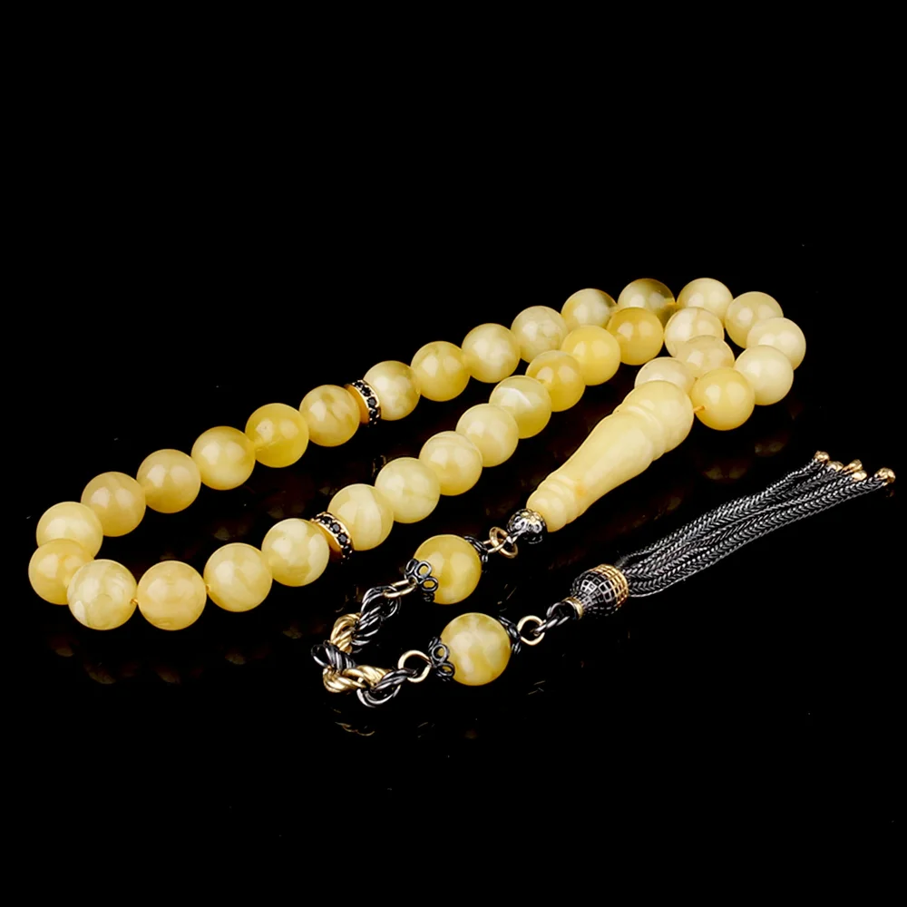 Çift Renk 925 Ayar Gümüş Püsküllü Küre Kesim Damla Kehribar Tesbih