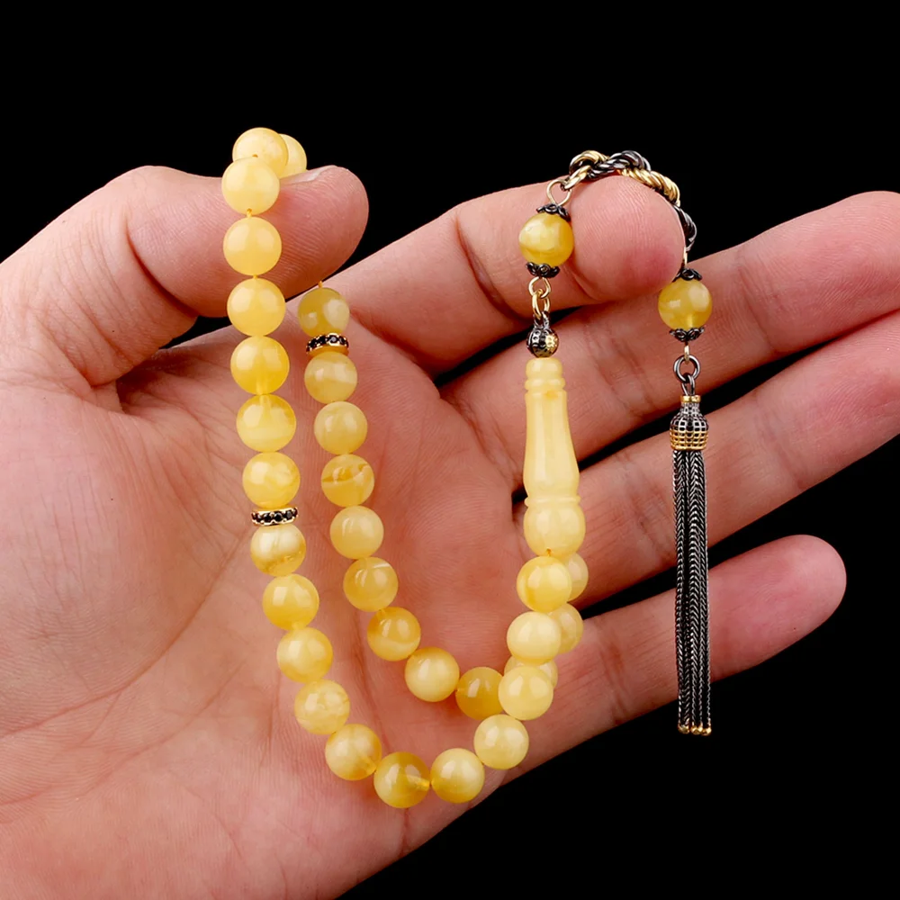 Çift Renk 925 Ayar Gümüş Püsküllü Küre Kesim Damla Kehribar Tesbih