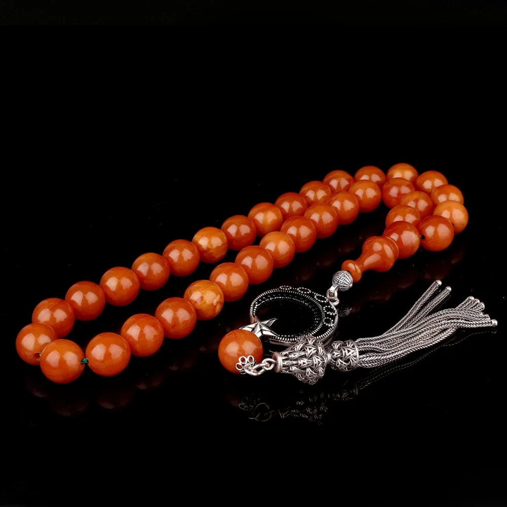 Eskitme Model Sıkma Kehribar Tesbih Ayyıldız Mikro Taşlı Fizyon 925 Ayar Gümüş Püsküllü0