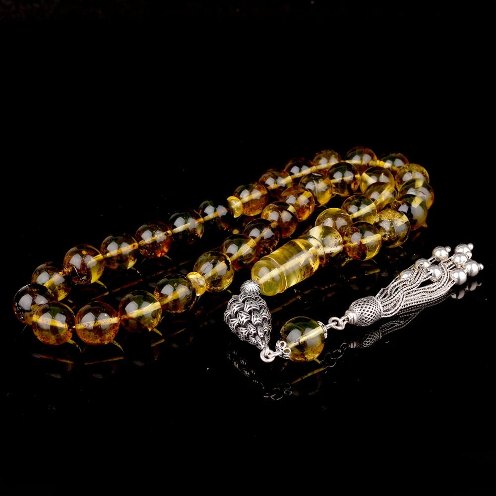 Fosil Damla Kehribar Tesbih 925 Ayar Fizyon Model Gümüş Püsküllü Tesbih