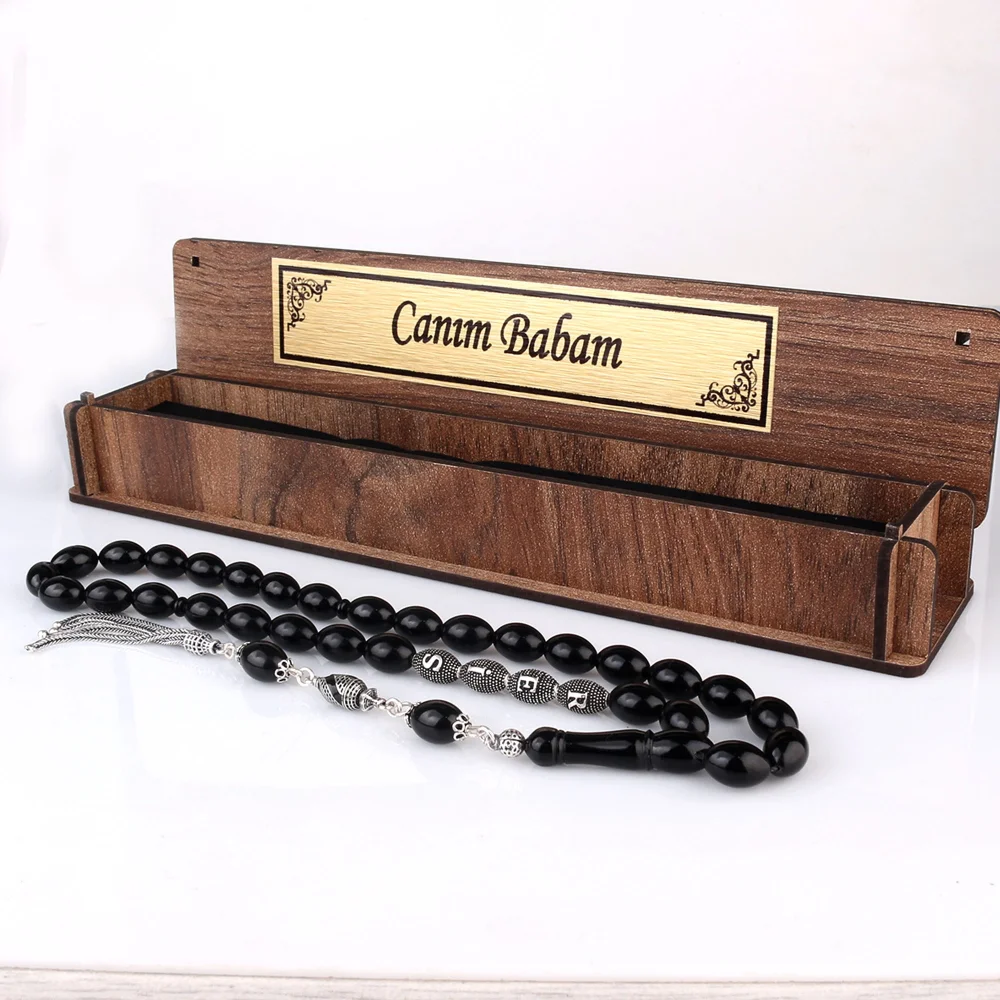 Gümüş Püsküllü Canım Babam Yazılı Ahşap Kutulu Ateş Kehribar Tesbih