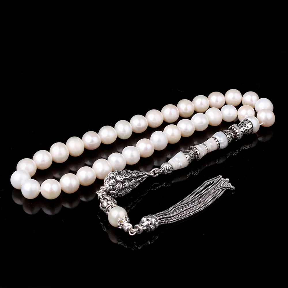 Gümüş Püsküllü Nakkaş İmameli 10mm İnci Taşı Tesbih