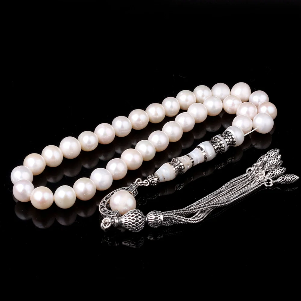 Gümüş Püsküllü Nakkaş İmameli 10mm İnci Taşı Tesbih