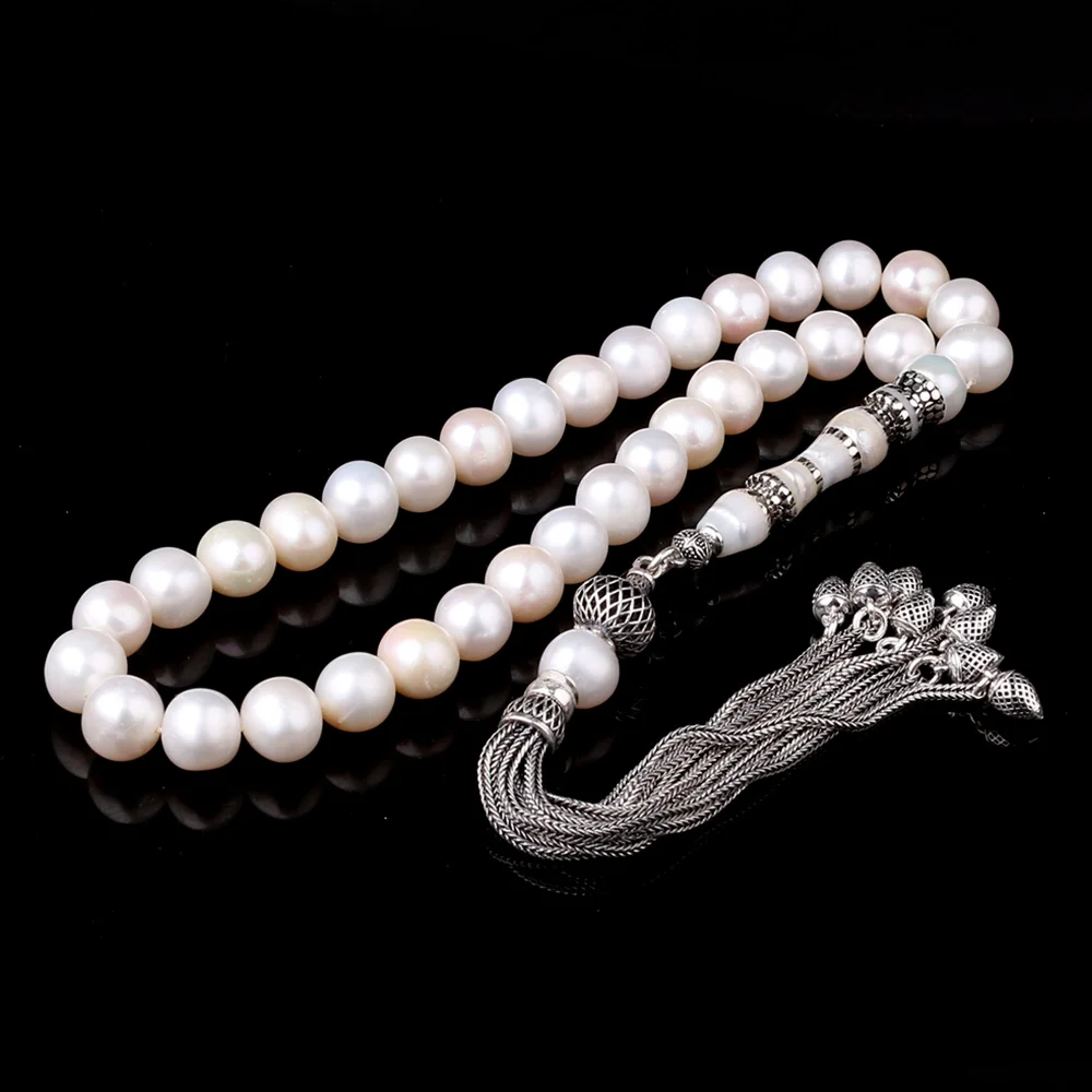 Gümüş Püsküllü Nakkaş İmameli 10mm İnci Taşı Tesbih