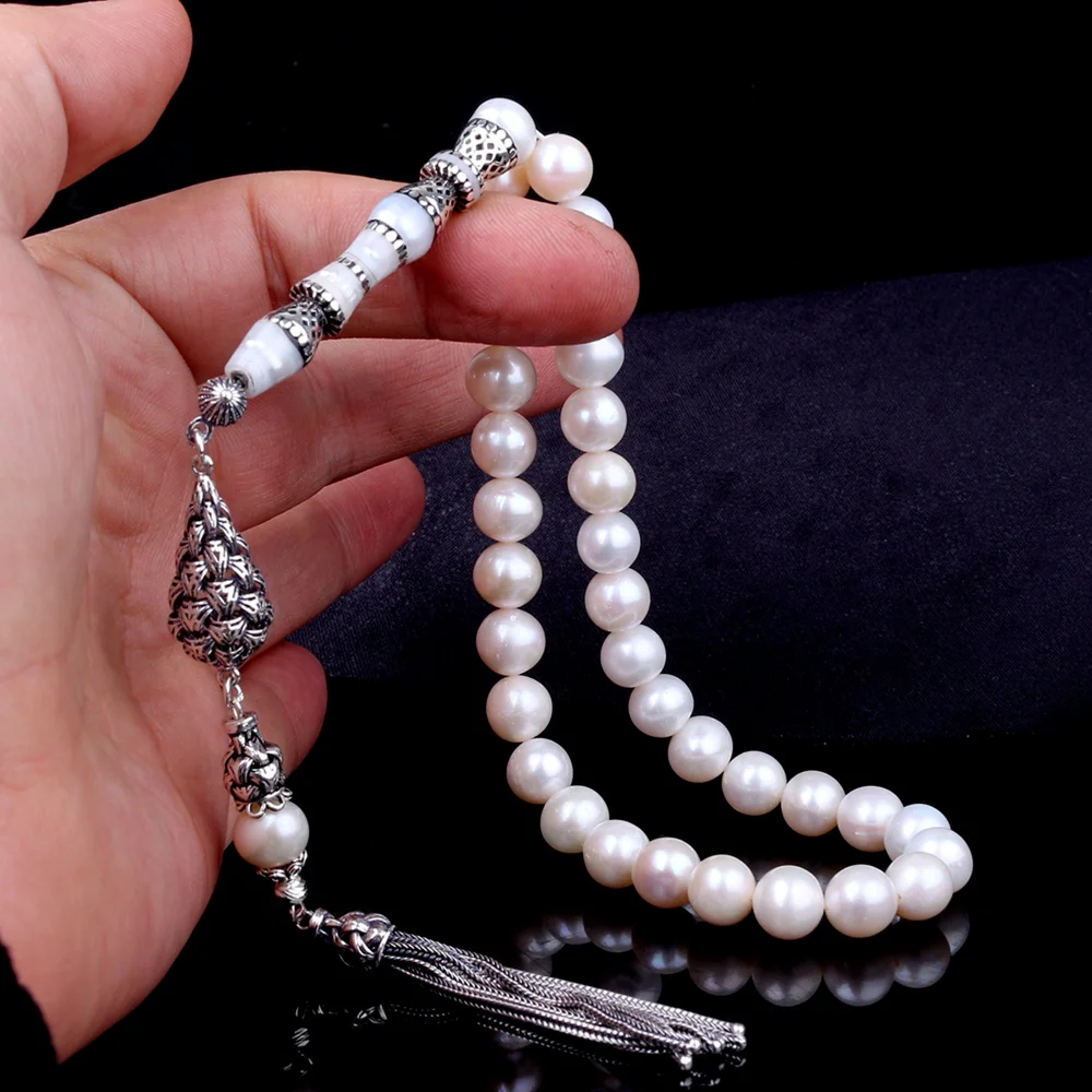 Gümüş Püsküllü Nakkaş İmameli 10mm İnci Taşı Tesbih