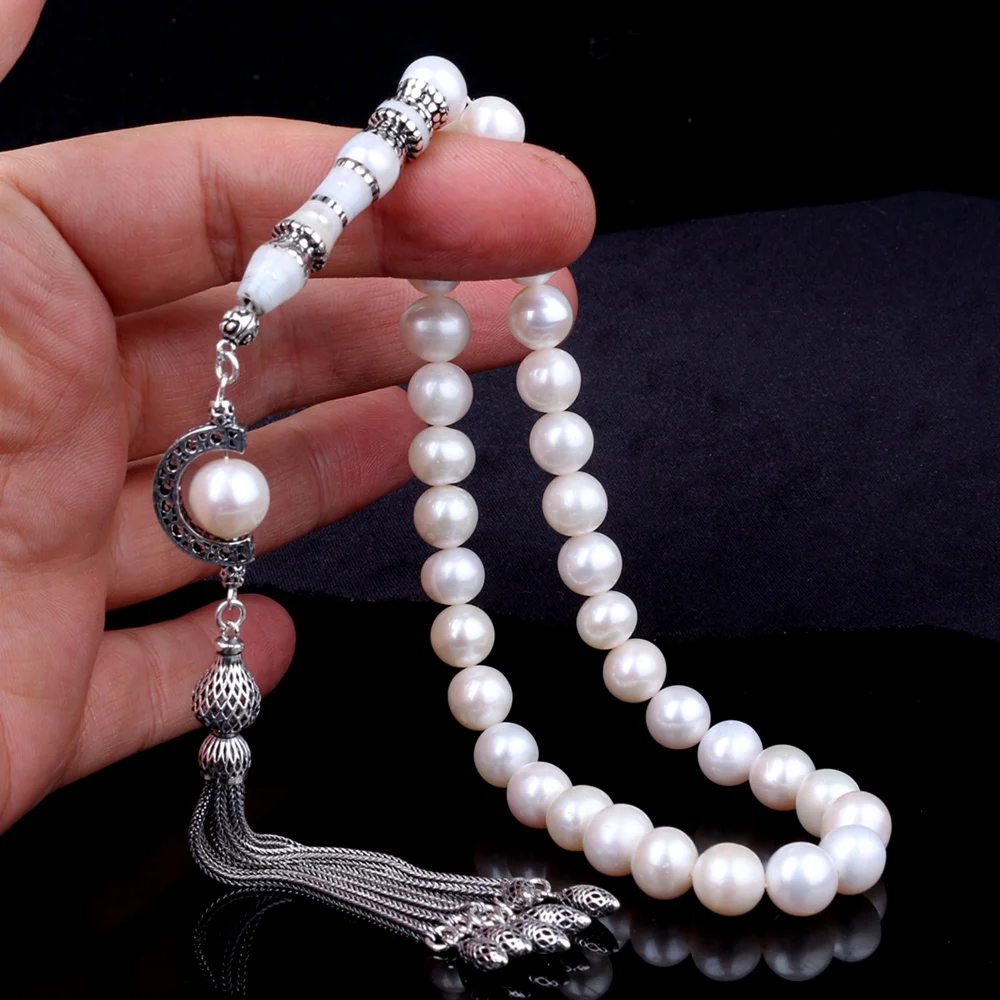 Gümüş Püsküllü Nakkaş İmameli 10mm İnci Taşı Tesbih