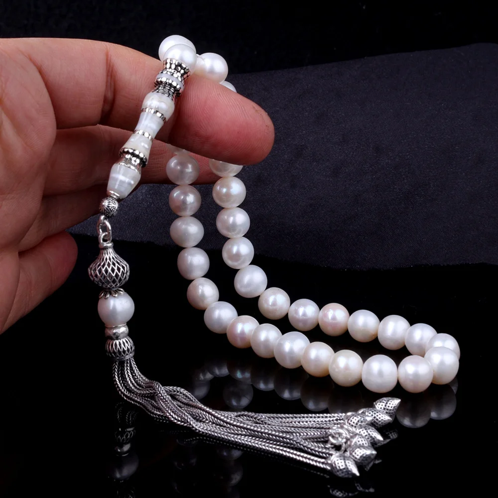 Gümüş Püsküllü Nakkaş İmameli 10mm İnci Taşı Tesbih