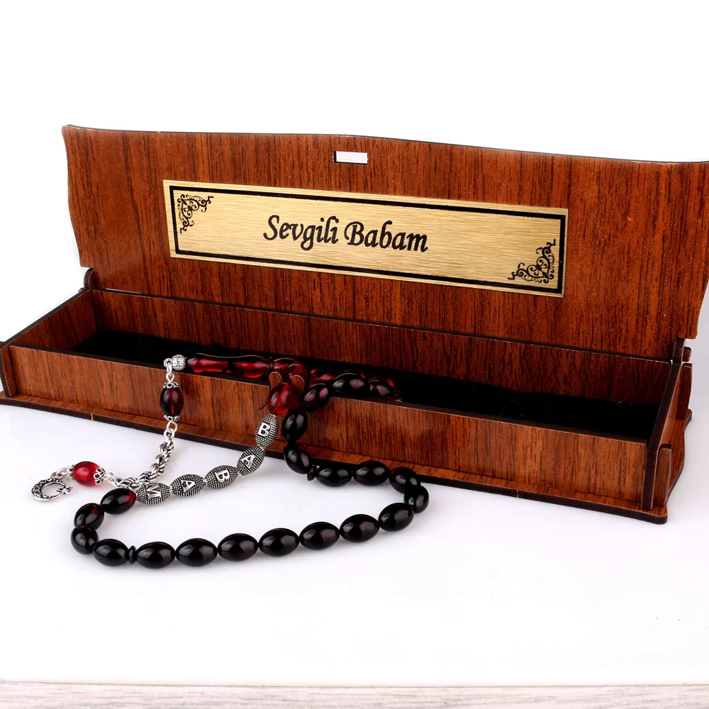 Gümüş Püsküllü Sevgili Babam Yazılı Ahşap Kutulu Ateş Kehribar Tesbih