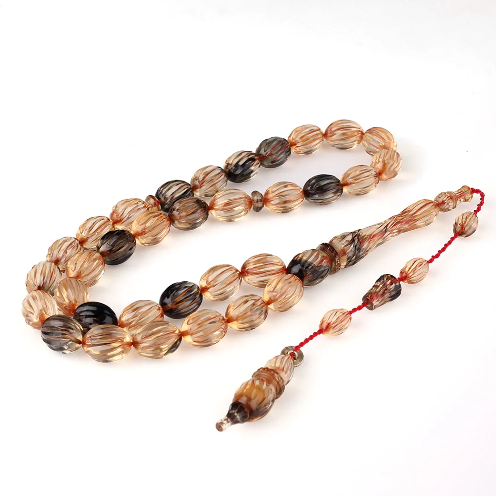 Kalem İşlemeli Sistemli Kuvars Renk Ateş Kehribar Tesbih