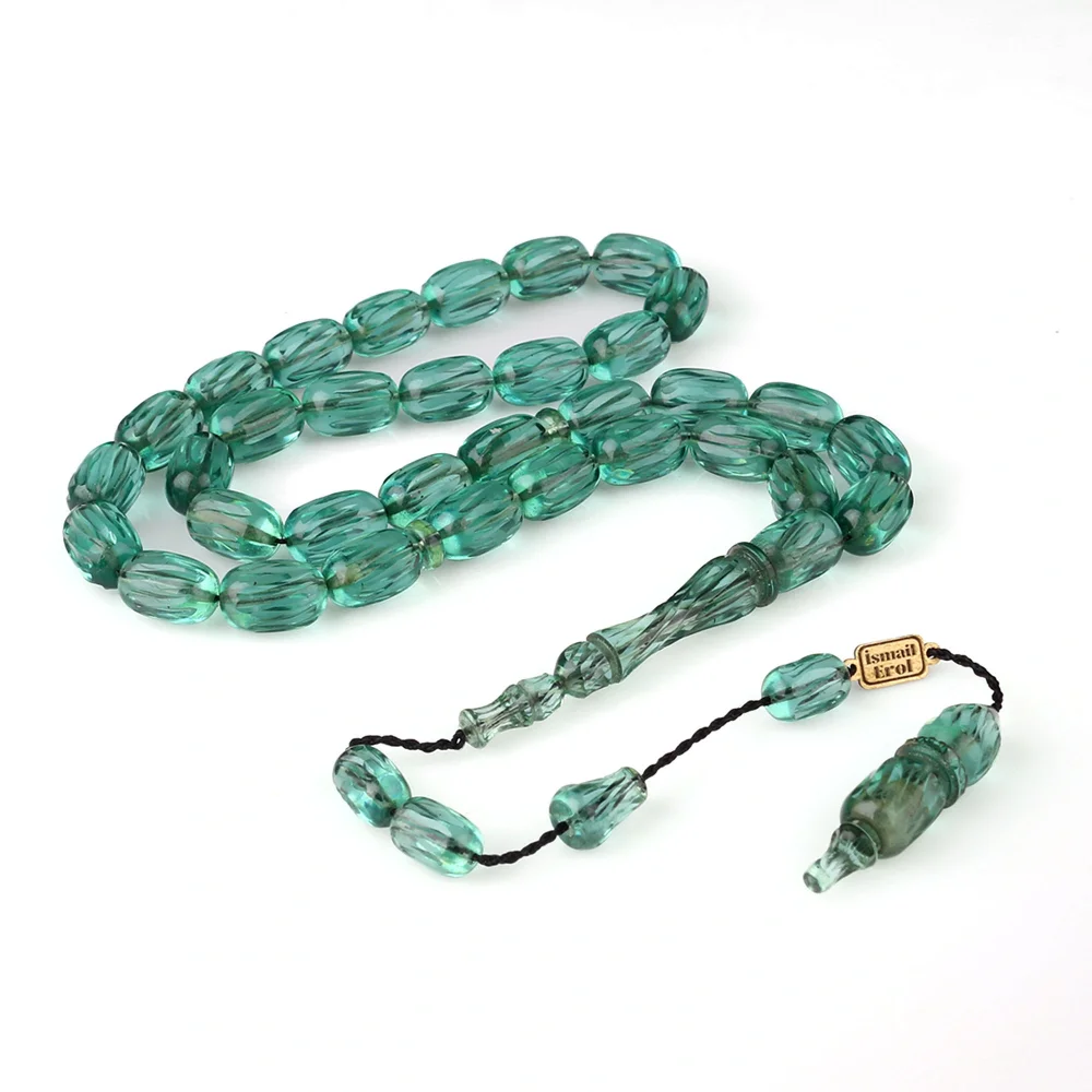 Kalem İşlemeli Sistemli Su Yeşili Renk Ateş Kehribar Tesbih