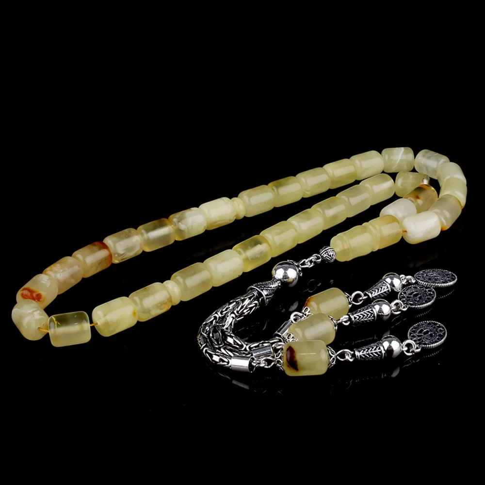 Kapsül Kesim Damla Kehribar Tesbih 925 Ayar Gümüş Kral Püsküllü