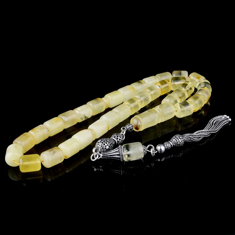 Kapsül Kesim Damla Kehribar Tesbih 925 Ayar Gümüş Püsküllü