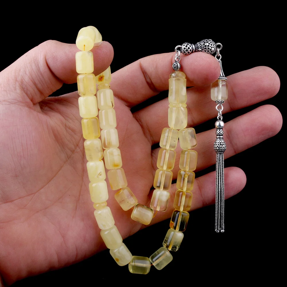 Kapsül Kesim Damla Kehribar Tesbih 925 Ayar Gümüş Püsküllü