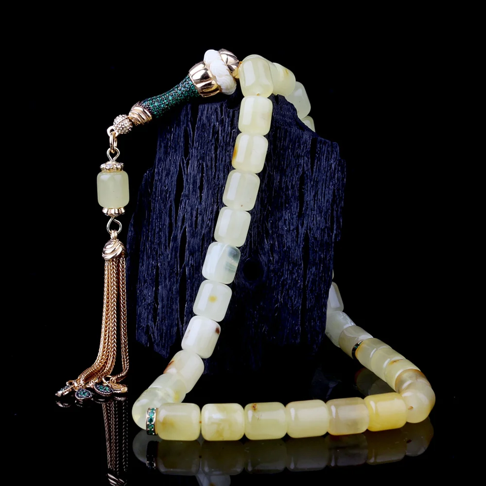 Kapsül Kesim Damla Kehribar Tesbih Zirkon Set 925 Ayar Gümüş Püsküllü